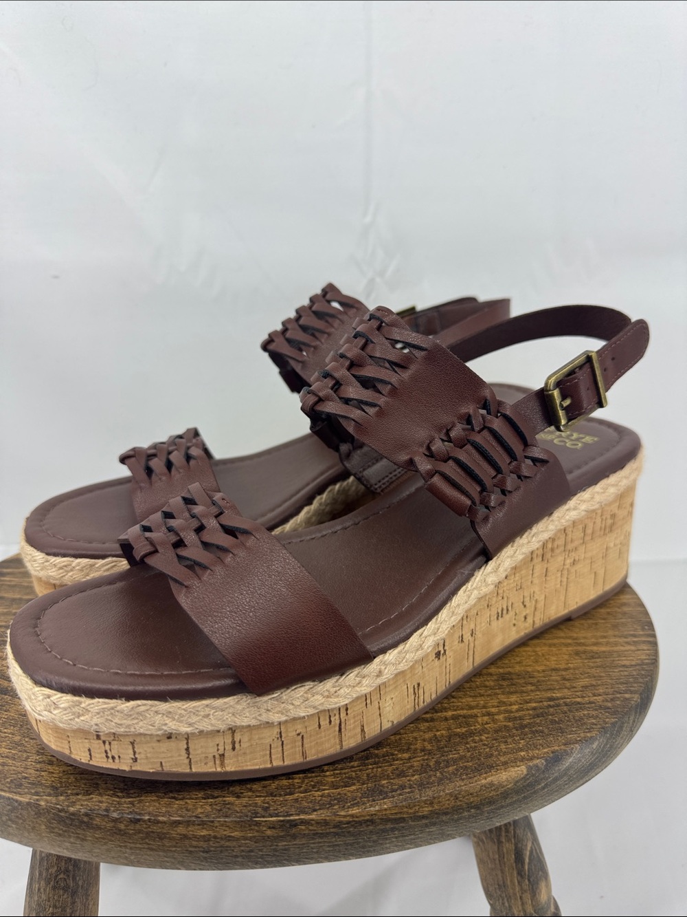 Like New! Frye & Co Womens Lavish Woven Brown Leather Wedge Cork Sandals, sz 8